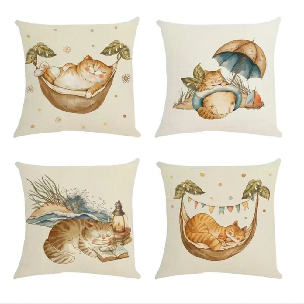 4pcs Cat Modern Sofa Throw Pillow Cover, Decorative Outdoor‎ Linen Blend Fabric